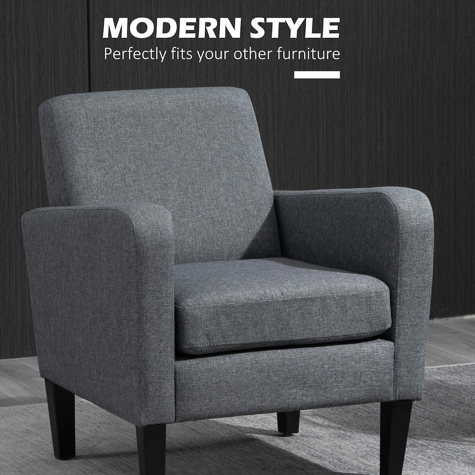image 1 of HOMCOM Modern Armchair Accent Chair with Rubber Wood Legs for Bedroom Grey