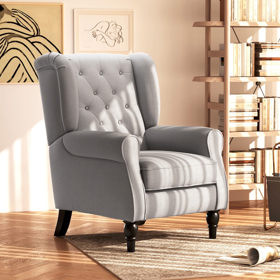 image 1 of HOMCOM Retro Accent Chair, Snow Flannel Wingback Armchair with Wood Frame Button Tufted Design for Living Room Bedroom, Grey