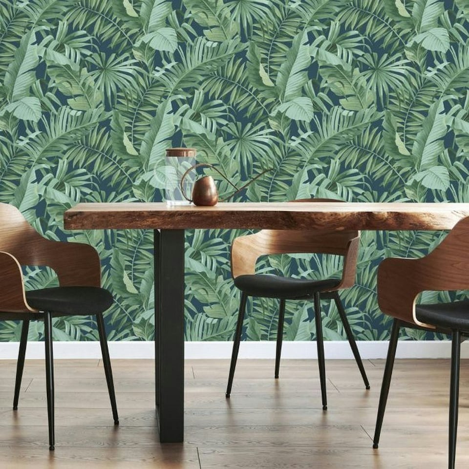 image 1 of Fine Decor Maui Leaf Wallpaper - Navy - One Size Blue