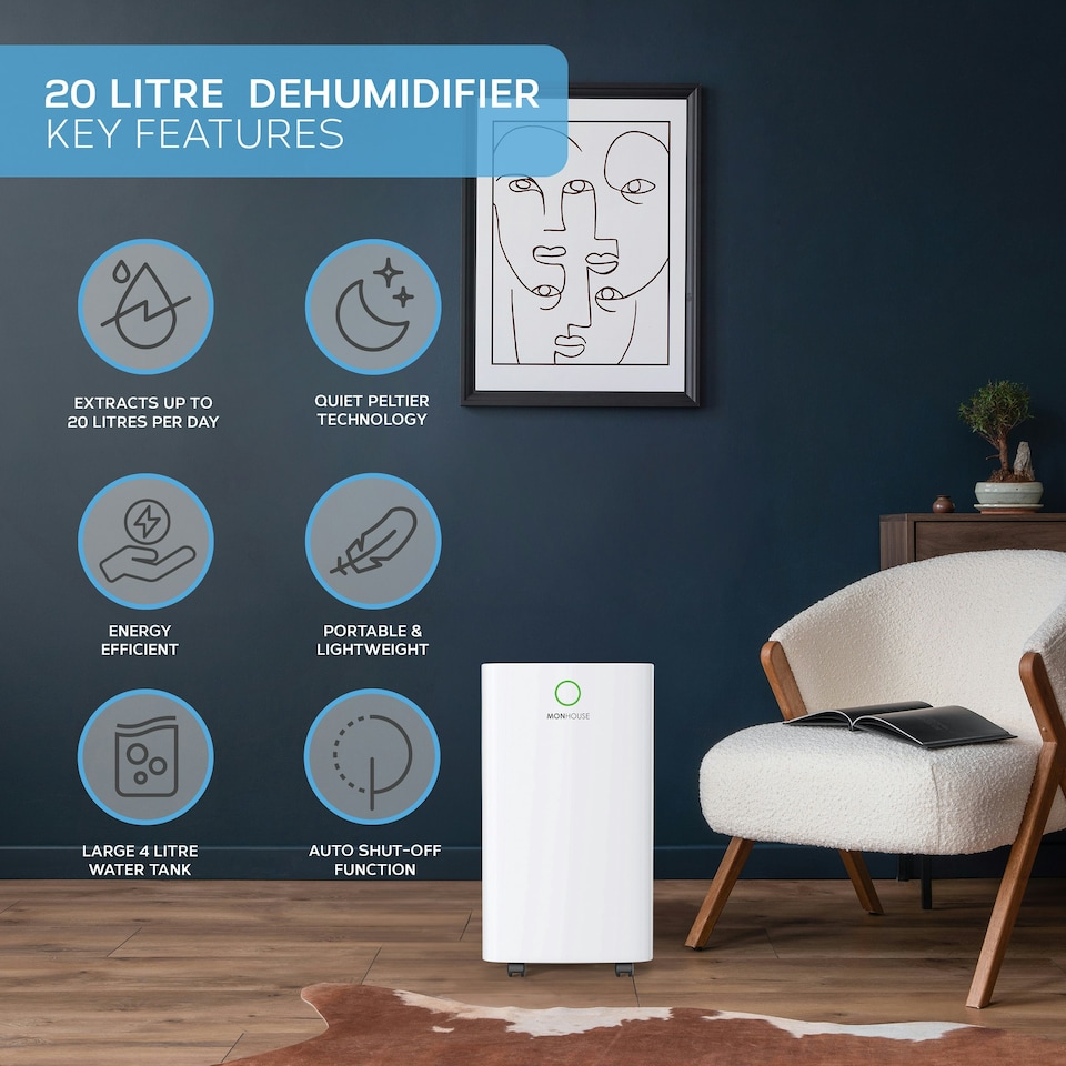 image 1 of MONHOUSE 20L/Day Digital Dehumidifier - Large 4L Tank - Sleep Mode, 24 HR Timer For Office, Home, Bedroom & Kitchen - Portable Electric Mould, Damp, Remover