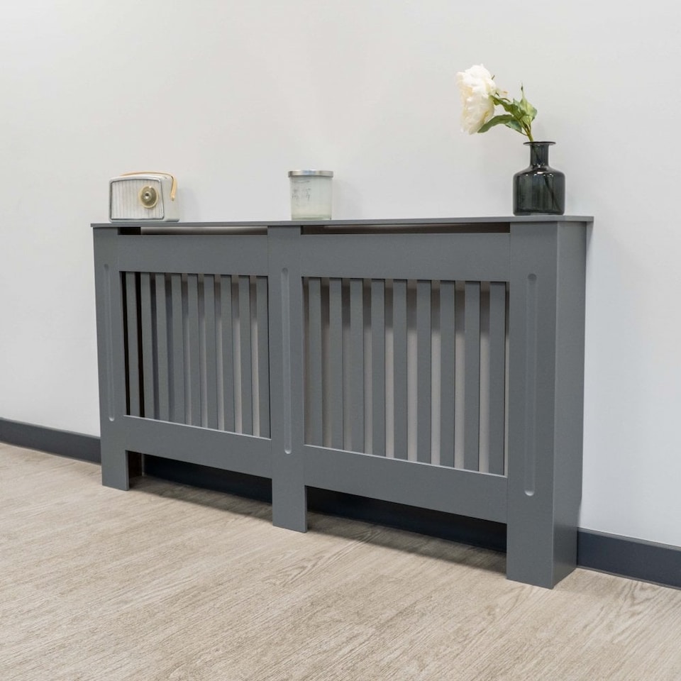 image 1 of JSH Radiator Cover Vertical Grey Slat Wood MDF - Large - 152cm (W) x 81.5cm (H) x 19cm (D) | Grey