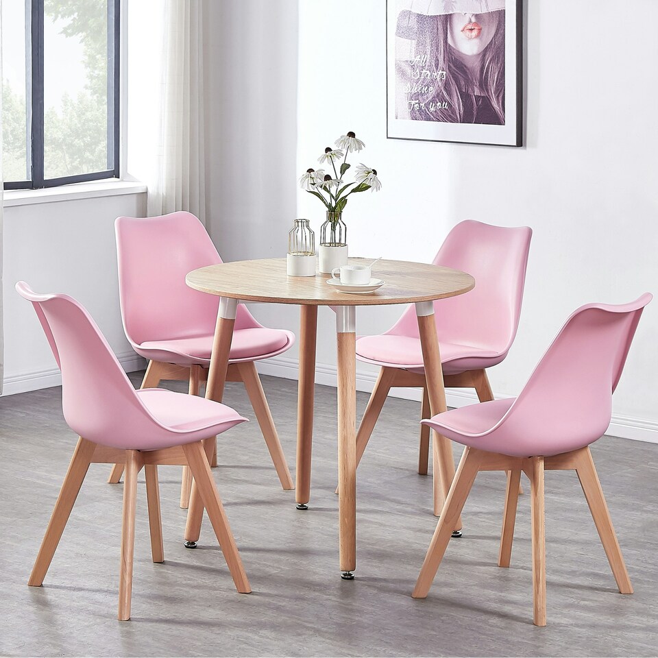 image 1 of Set of 6 Scandinavian Dining Chairs with Leather Cushions Solid Wood Legs Pink