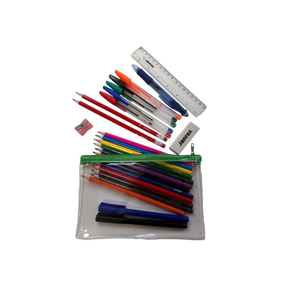 image 1 of Stationery Filled Green Zip 8x5" Pencil Case with Colouring Pencils