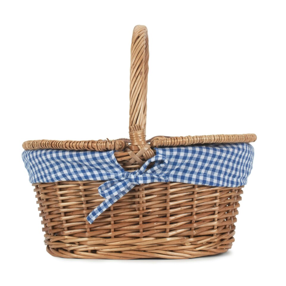 image 1 of Light Steamed Finish Check Oval Wicker Basket with Lining | Blue | Blue and White Checked | One Size