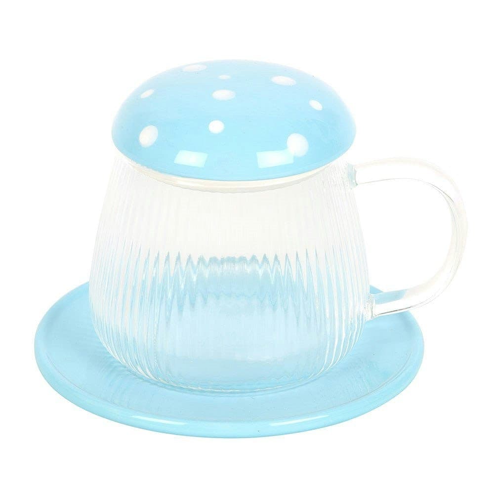 Something Different Mushroom Glass Mug & Saucer - Clear/Blue - One Size