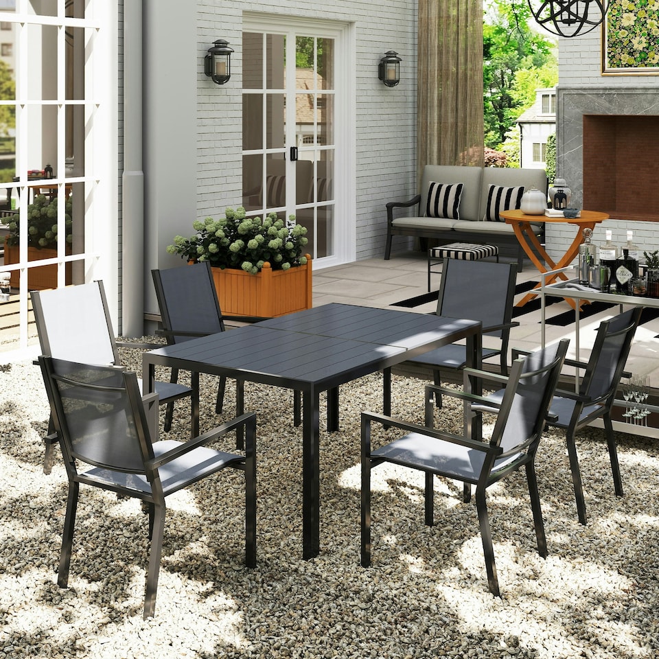 image 1 of Outsunny 7 Piece Garden Dining Set, Outdoor Furniture w/ 6 Stackable Chairs