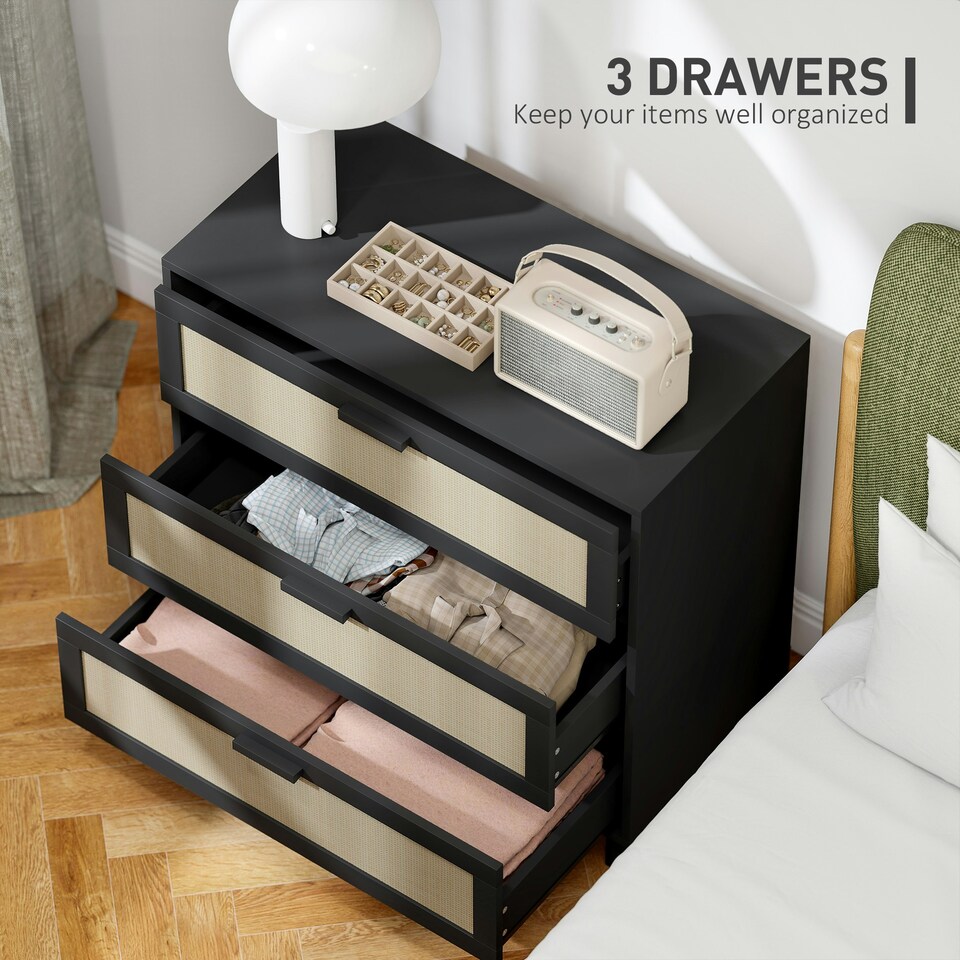 image 1 of HOMCOM 3 Drawer Cabinet Storage Cupboard Sideboard Organiser, Black Black | Nature Wood Finish