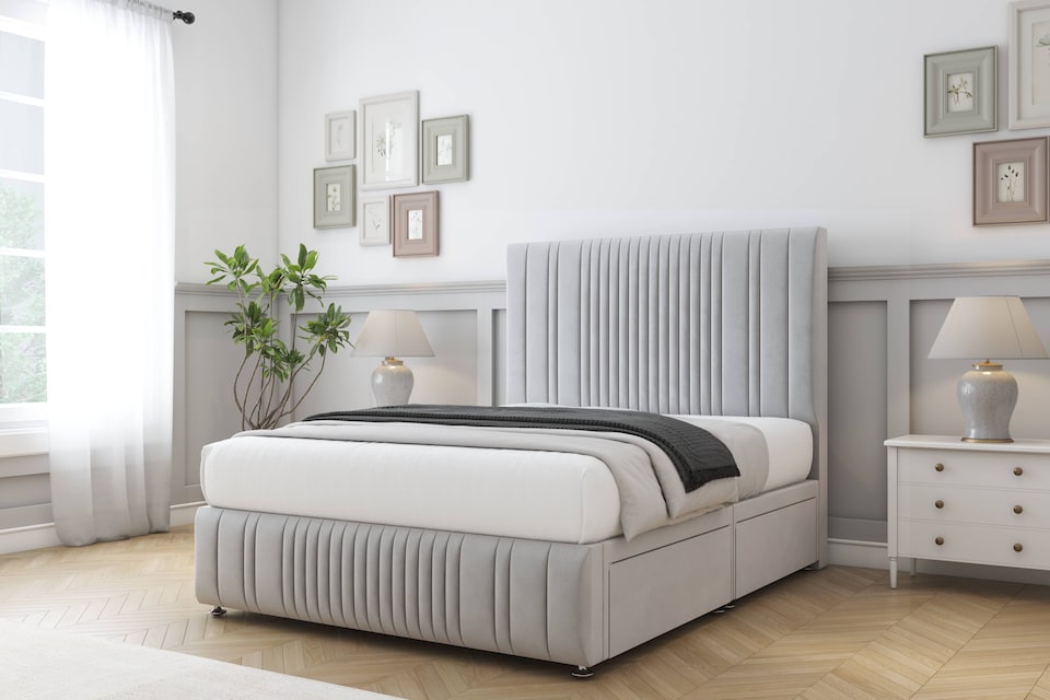 image 1 of Sloomy Kingsley Silver Plush Divan Bed With Mattress 2 Drawers Left Side With 54" Floor Standing Headboard & 12" Matching Footboard 3' Single | Silver | Silver | Single | 1