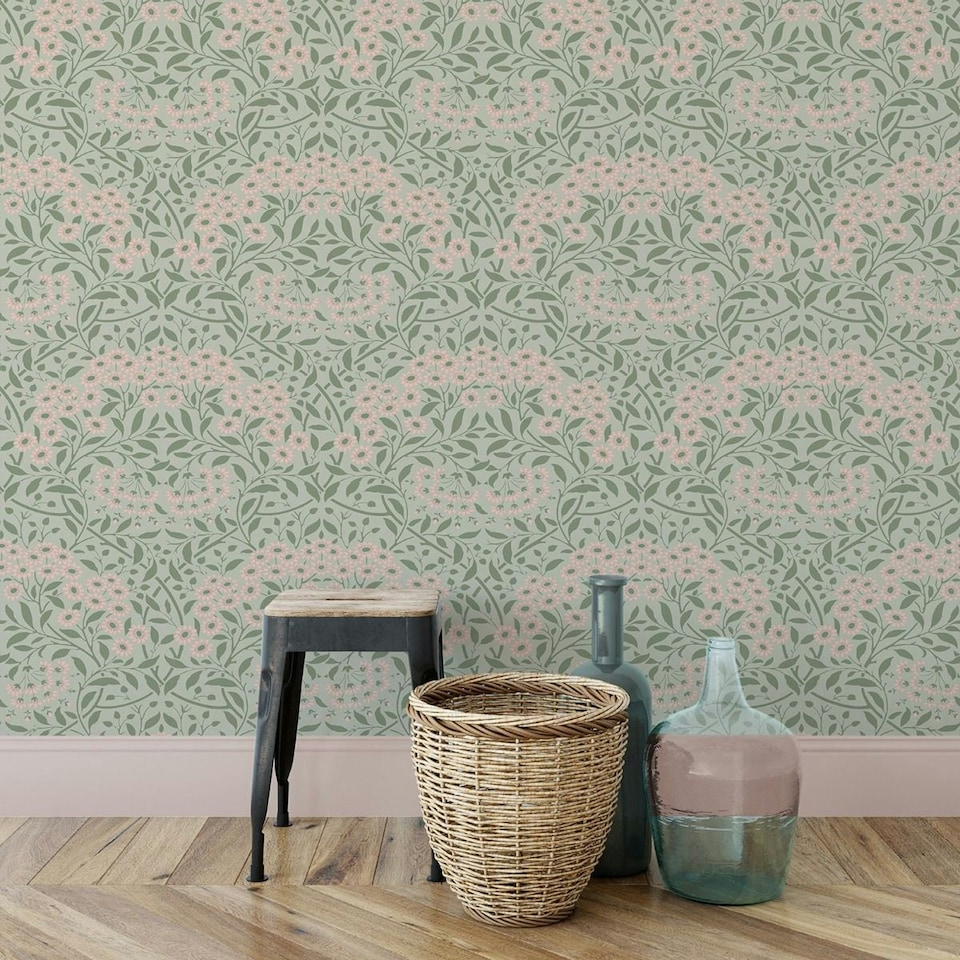 image 1 of World of Wallpaper Botanical Damask Wallpaper - Sage Green/Pink - 10.05m x 0.53m Green