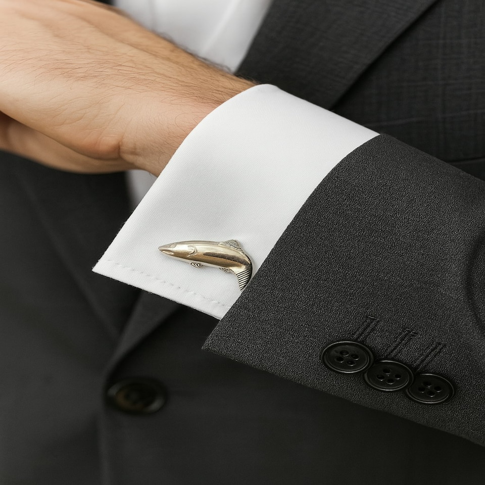 image 1 of Fish On Chain Link Cufflinks - Onyx Art CK210 Fisherman Cuffs