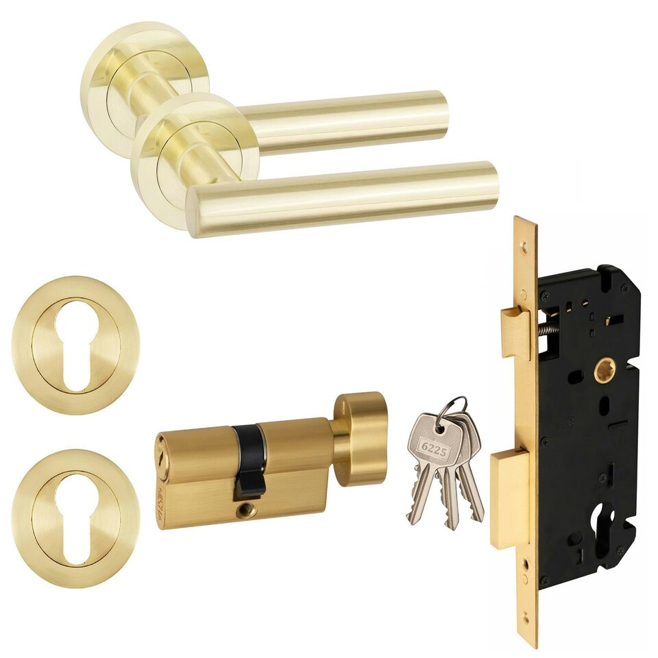 image 1 of Golden Grace Straight T-Bar Design Thumbturn Door Handles Set in Satin Brass Euro Lock 70mm Grey