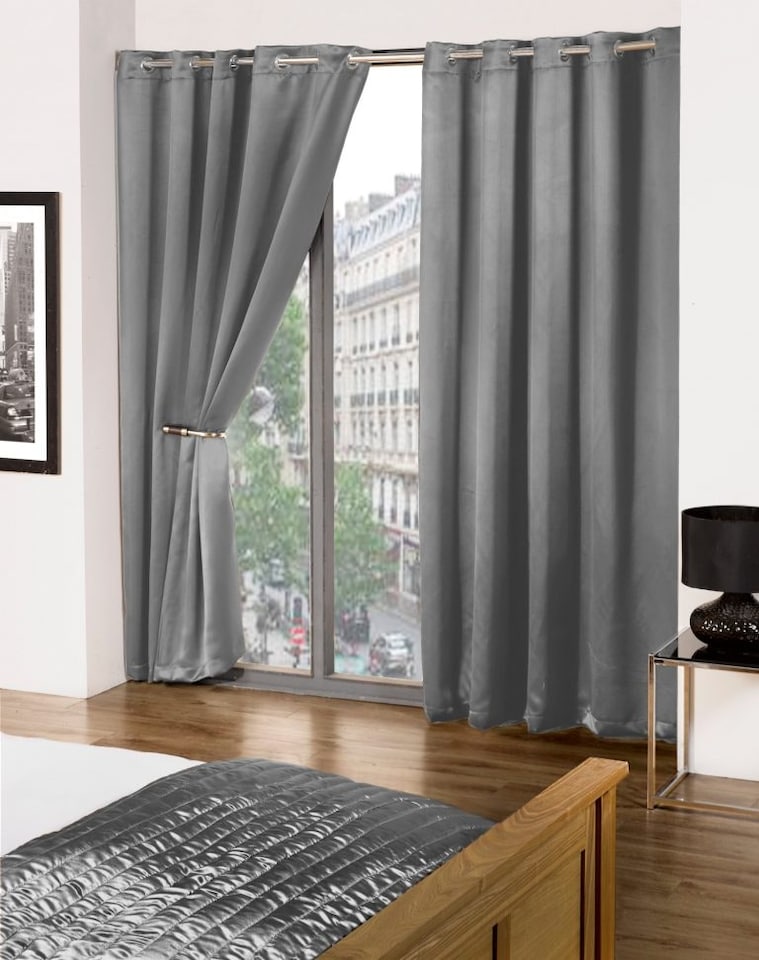 image 1 of Woven Thermal Blackout Eyelet Curtains Grey 168cm x 183cm | Grey | Grey