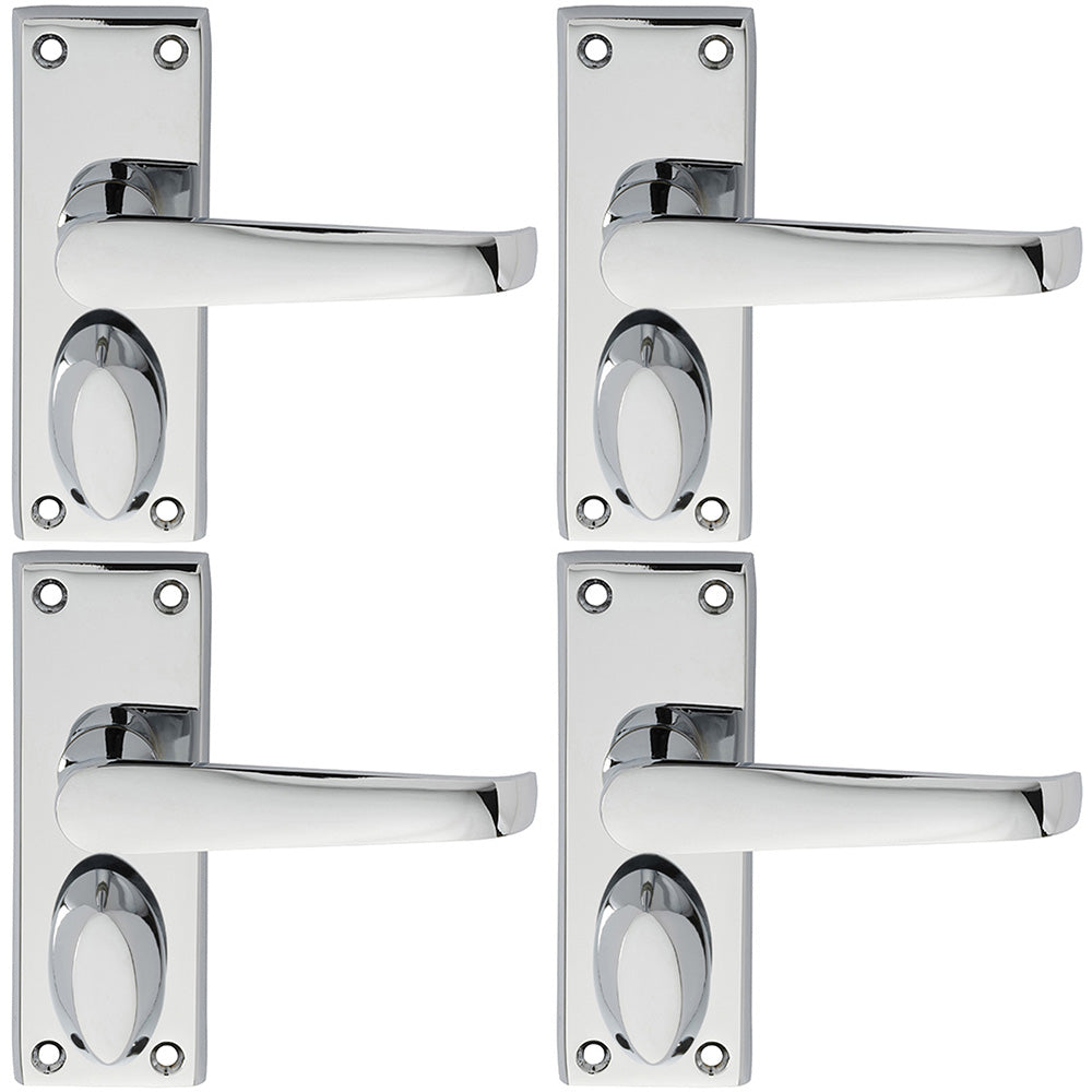 4 PACK - Straight Victorian Privacy Latch Door Handle - Polished Chrome Lever Backplate