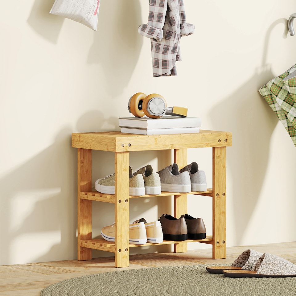 image 1 of HOMCOM Bamboo Shoe Bench, 3-Tier Shoe Storage Bench with Slatted Shelves for Entryway Hallway, Holds 4 Pairs, Nature Wood Finish | Brown | Natural wood finish