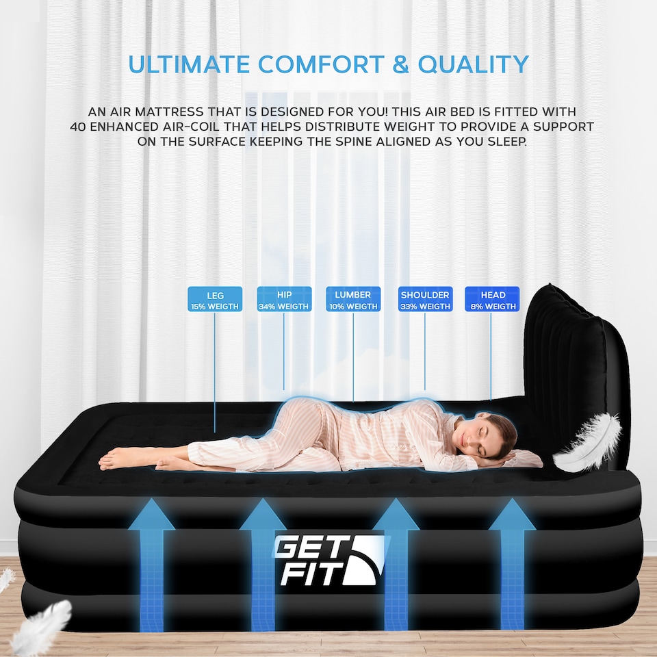 image 1 of Get Fit Air Bed With Built In Electric Pump - Premium King Airbed - Quick Blow Up Bed With Headboard & Free Inflatable Pillow | Black | Black Mono | 1