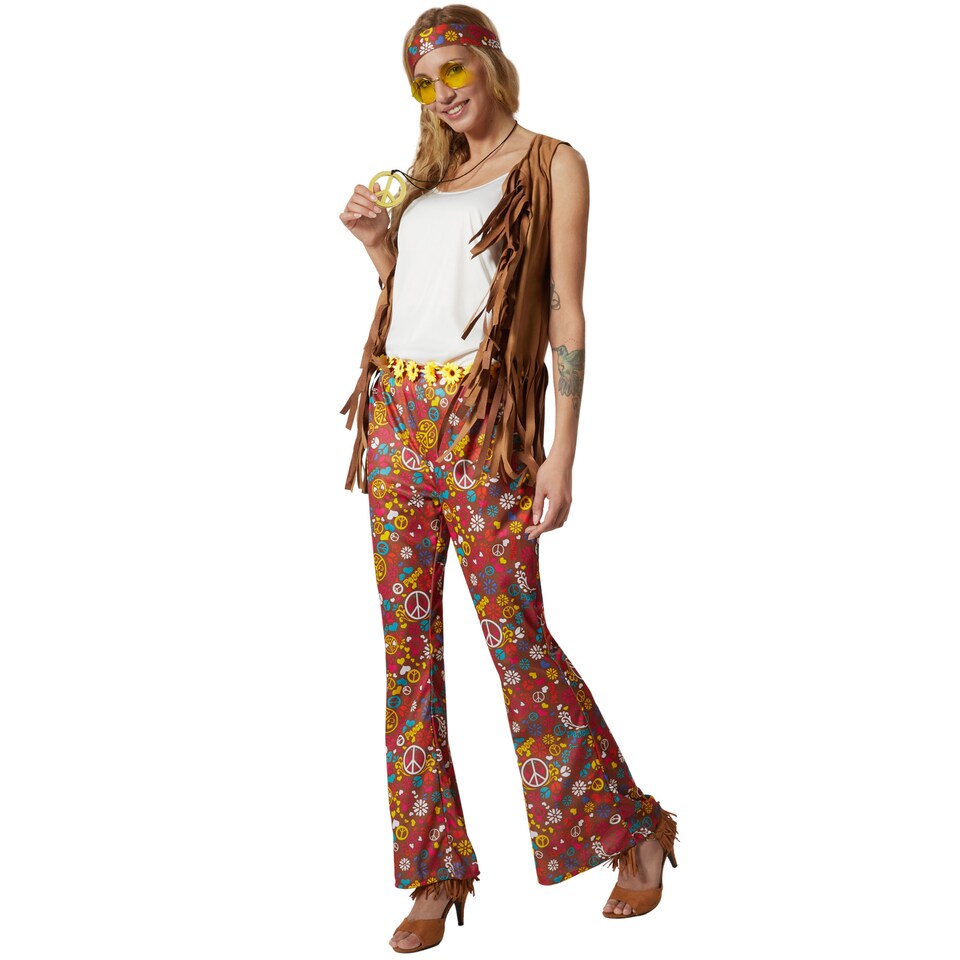image 1 of Womens Fancy Dress Costume - Hippie Waistcoat, Trousers and Accessories | Multi | colourful | 1