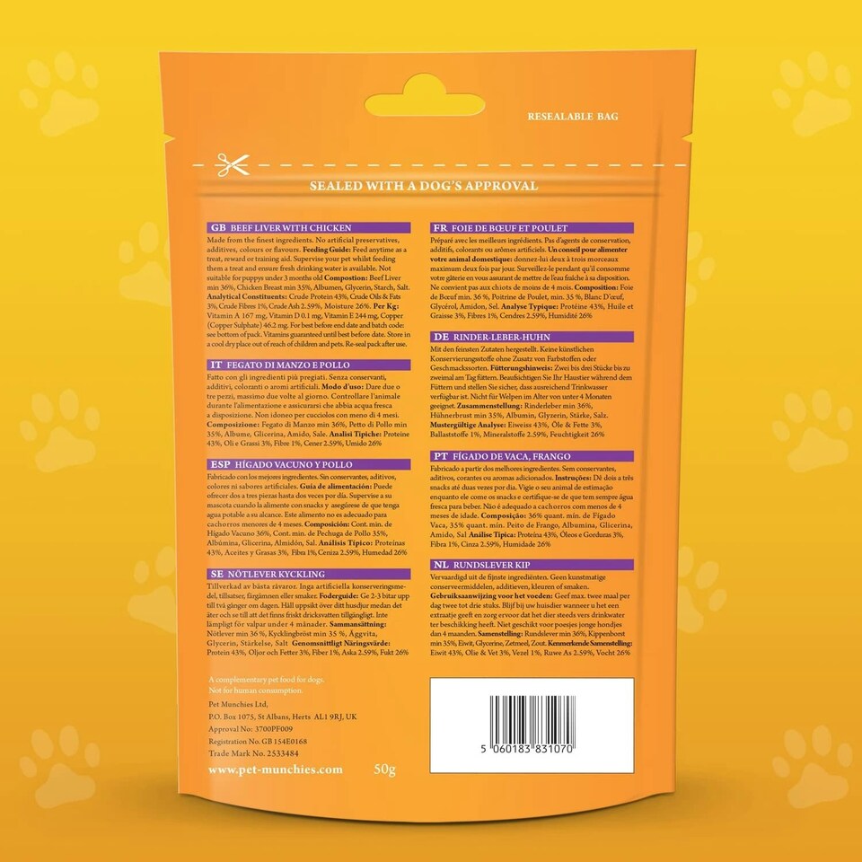 image 1 of Pet Munchies Liver and Chicken Dog Training Treats, Grain Free Tasty Bites with Natural Real Meat, Low in Fat and High in Protein 50g (Pack of 8)