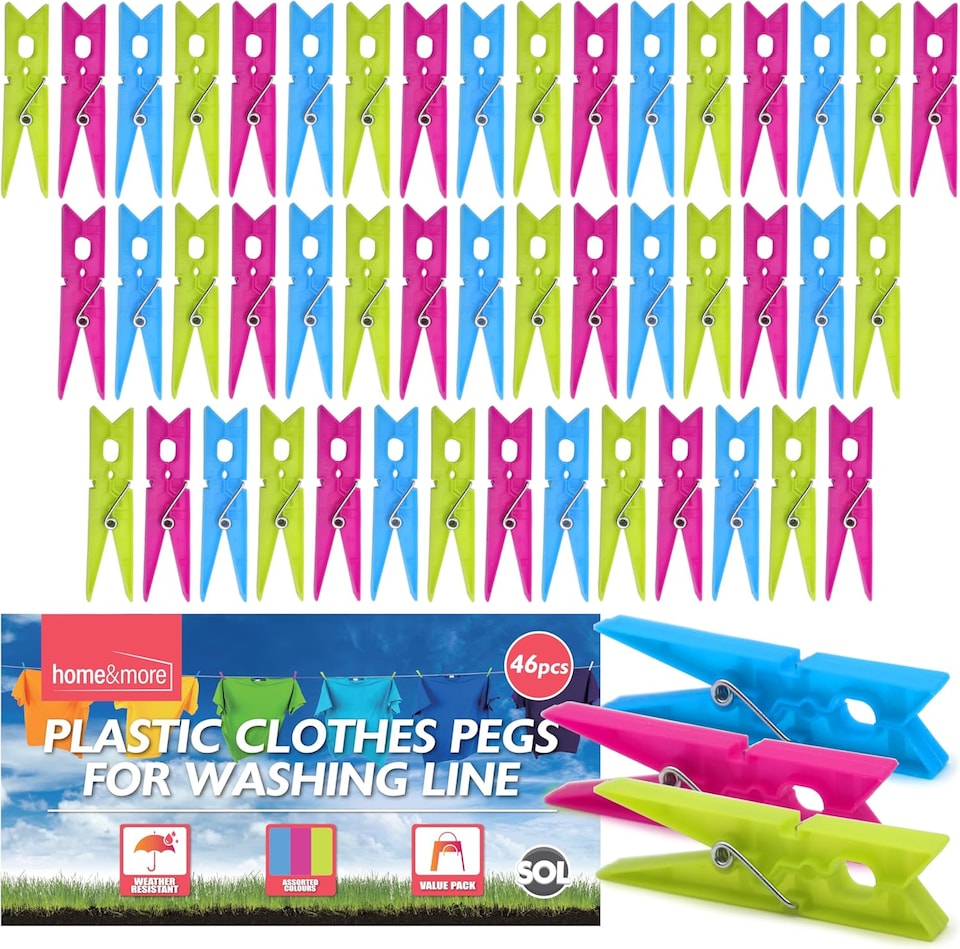 image 1 of 46pk Plastic Clothes Pegs – Extra Strong Water-Resistant Laundry Clips in Assorted Colours, Gentle on Fabric with Secure Hold in Windy Conditions