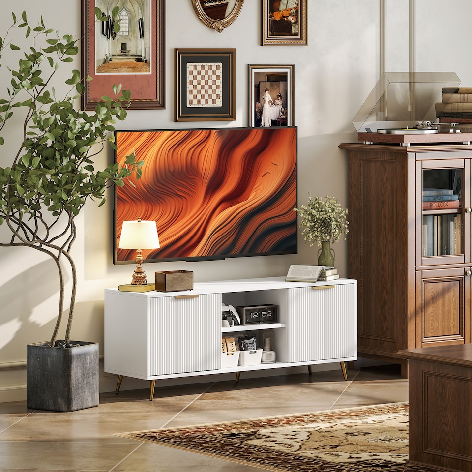 image 1 of HOMCOM Modern TV Stand Cabinet for TVs up to 55 , TV Unit with 2 Open Shelves and 2 Cabinets, Entertainment Centre with Cable Management for Living Room, White