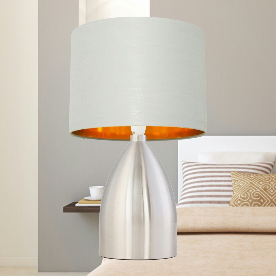 image 1 of First Choice Lighting Valentina Brushed Chrome Touch Lamp with Light Grey Cotton Shade Silver | Grey