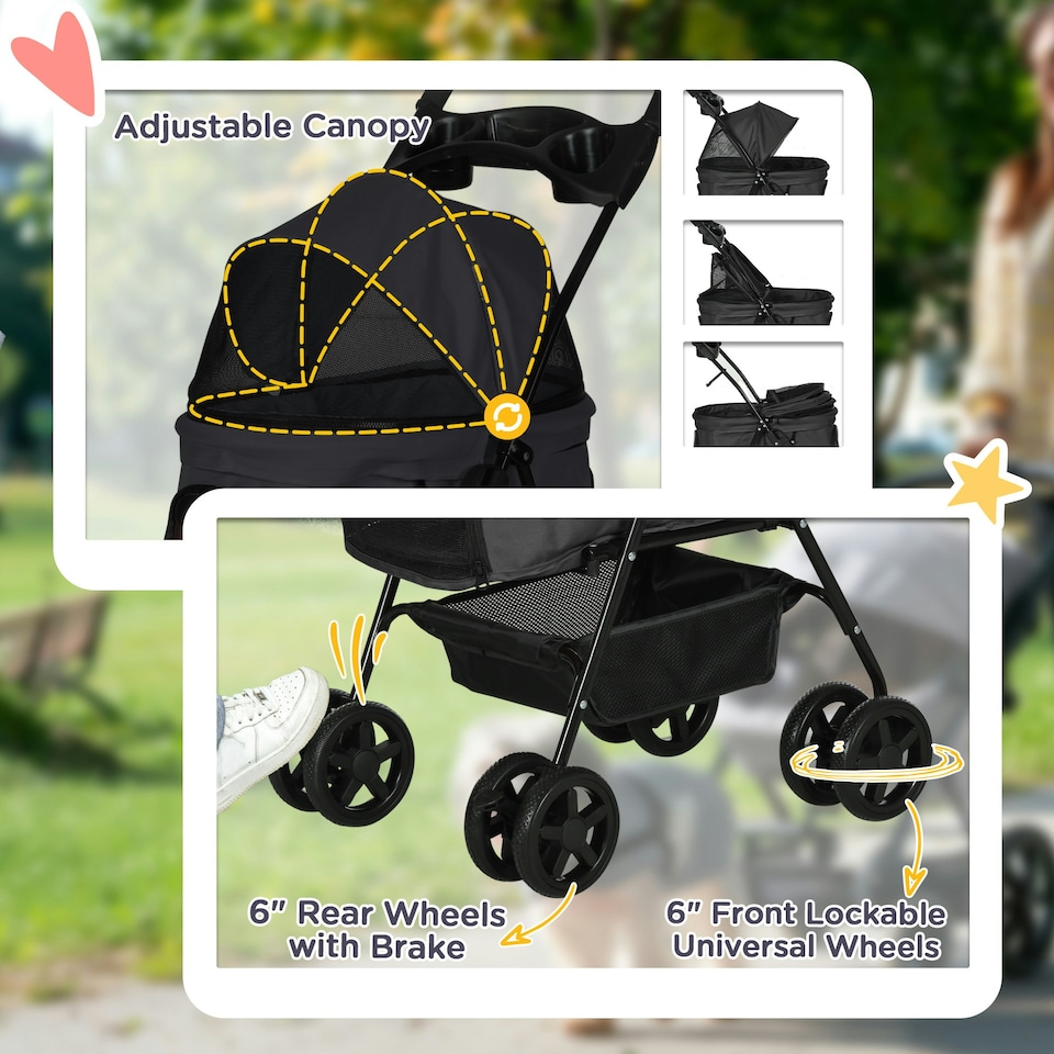 image 1 of PawHut Pet Stroller Foldable Travel Carriage w/ Brake Basket Canopy, Black
