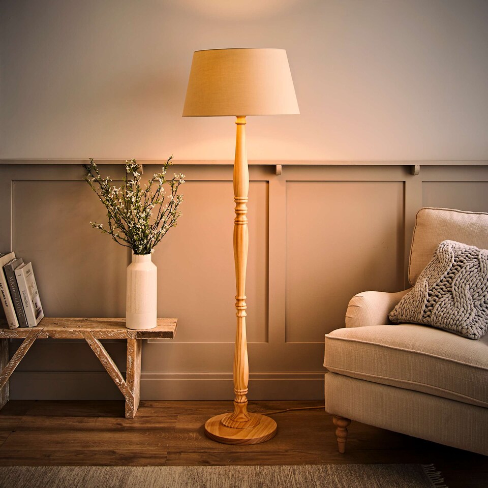 image 1 of ValueLights Victoria Light Wood Traditional Stem Floor Lamp with Beige Fabric Tapered Shade