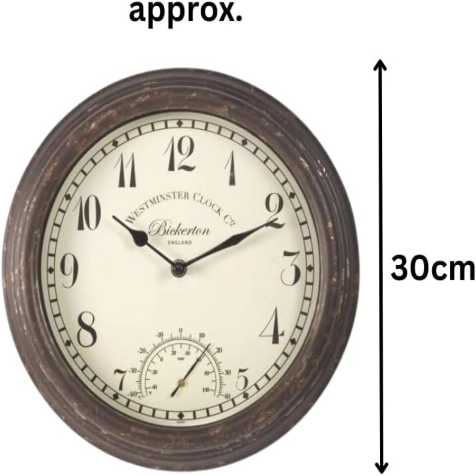 image 1 of Marco Paul 30cm Distressed Wall Clock and Thermometer Brown