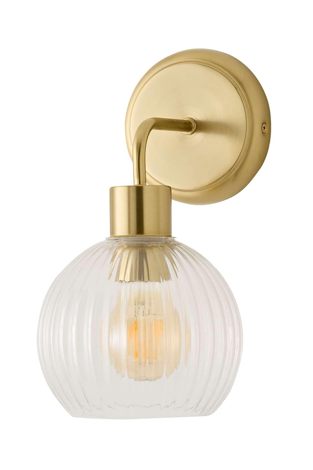 ValueLights Maddison Clear Ribbed Glass Globe Metal Wall Light Fitting in Gold