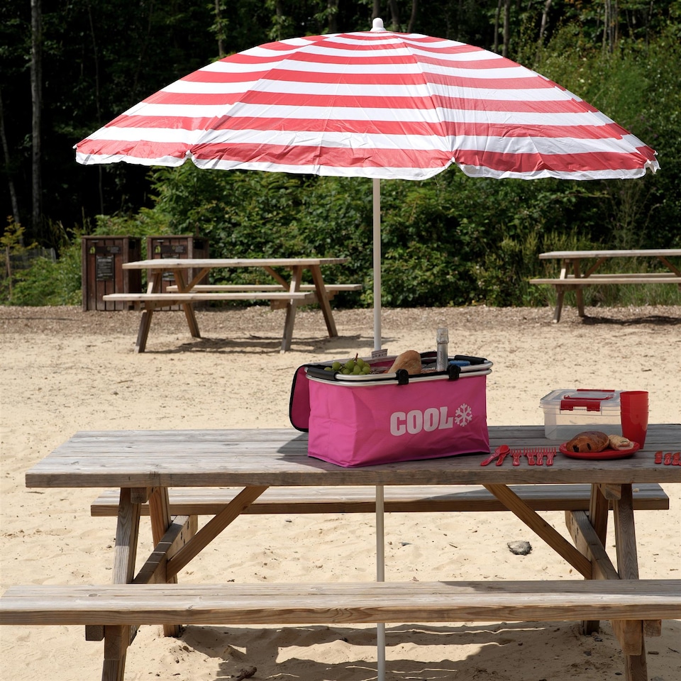 image 1 of The Magic Toy Shop Beach Parasol Red Striped Tilting Height Adjustable Portable Sun Shade
