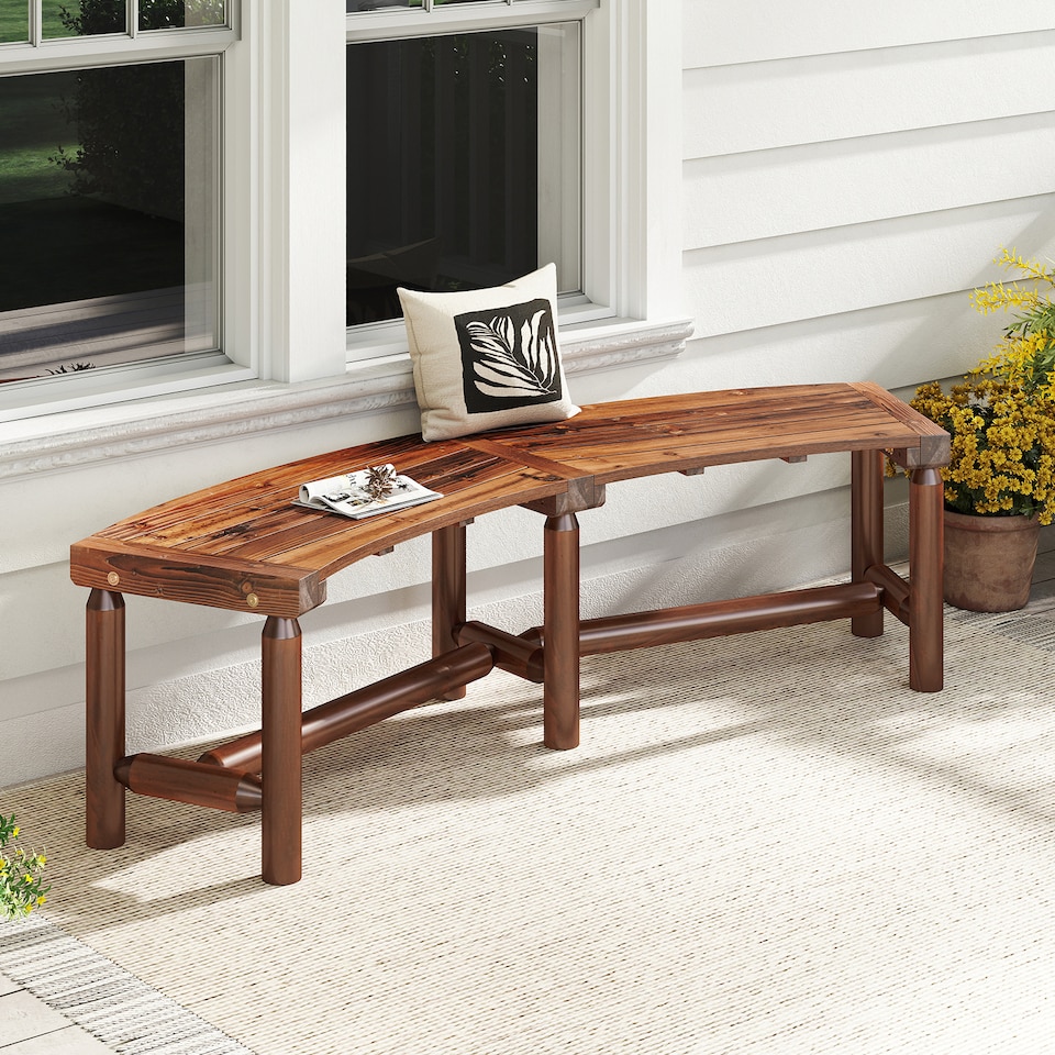 image 1 of COSTWAY Patio Curved Bench Solid Wood Fire Pit Bench for 2-3 People