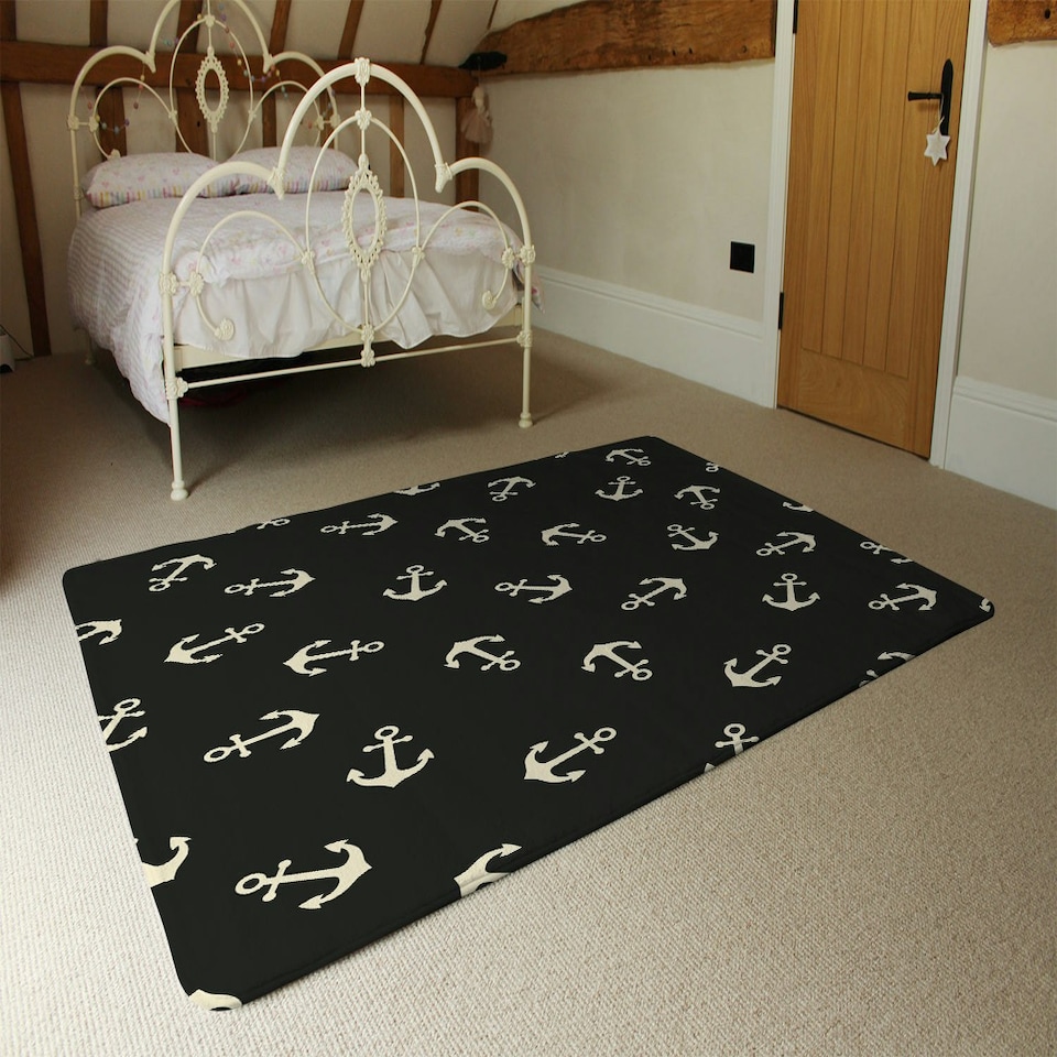 image 1 of Anchors on Black Background (Rug) Black | Large: 140x200cm