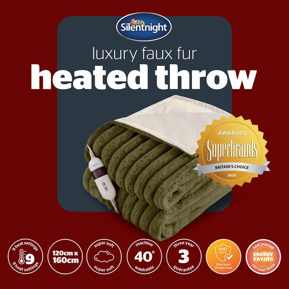 image 1 of Silentnight Luxury Faux Fur Ribbed Heated Throw, Olive | Green | Olive | One Size | 1