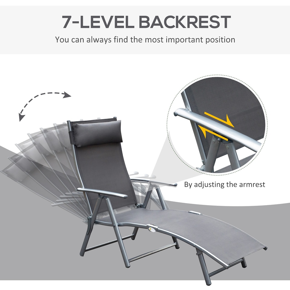image 1 of Outsunny Sun Lounger Recliner w/ Pillow Foldable 7 Levels Textilene Grey | Grey