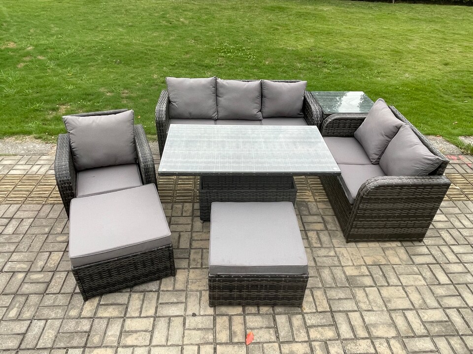 image 1 of Fimous Rattan Outdoor Furniture Garden Dining Set Patio Height Adjustable Rising lifting Table Reclining Chair Sofa With Side Tables 2 Big Footstool Dark Grey Mixed