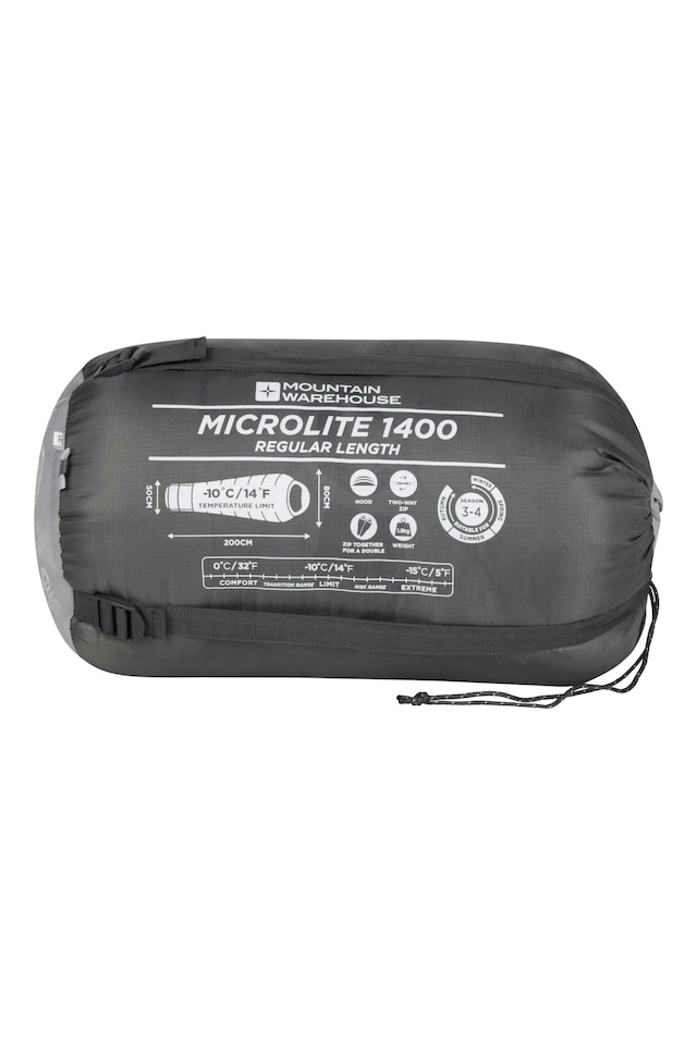 image 1 of Mountain Warehouse Microlite 1400 Sleeping Bag Hollow Fibre Camping Accessory Left Handed Zip - Regular Length (200cm) | Grey | Dark Grey