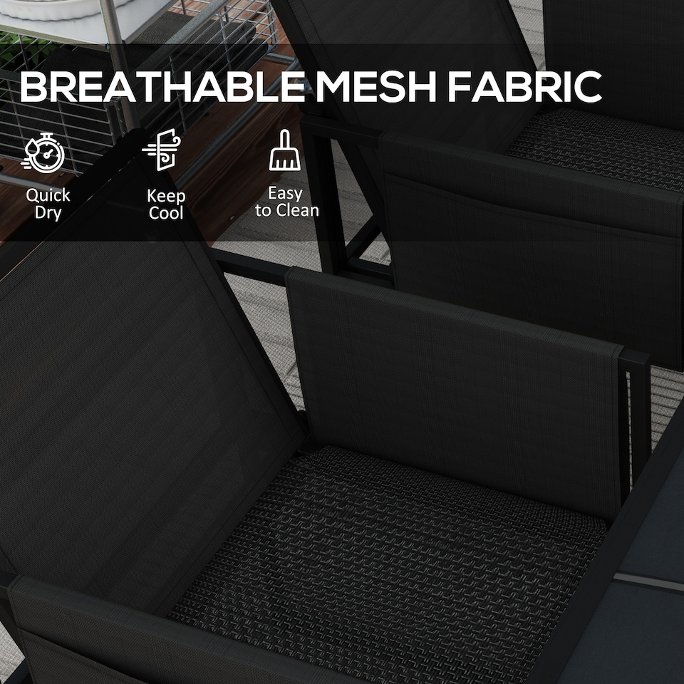 image 1 of Outsunny 5 Piece Garden Dining Set, 4 Seater Outdoor Table and Chairs with Texteline Seat, Space Saving Cube Set with Foldable Backrest, Tempered Glass Table Top, for Patio, Black