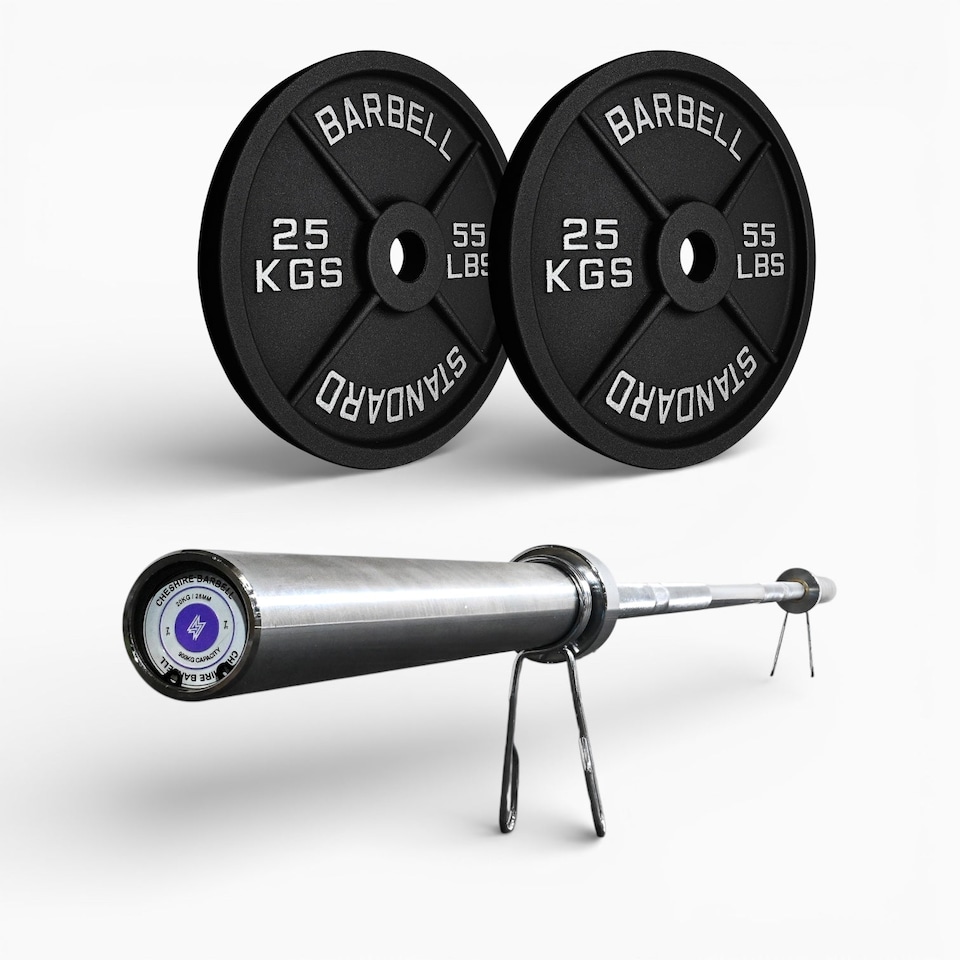 image 1 of GYM SETS UK  Cast Iron Weight Plates- (2x 25kg (PAIR) / With 7ft Cheshire Barbell + Clips)