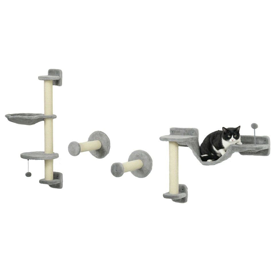 image 1 of PawHut 4Pcs Wall Mounted Cat Shelves with Hammock, Scratching Post, Grey