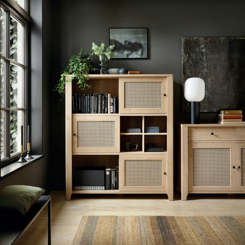 image 1 of Cestino 3 Sliding Door Cabinet in Jackson Hickory Oak and Rattan Effect