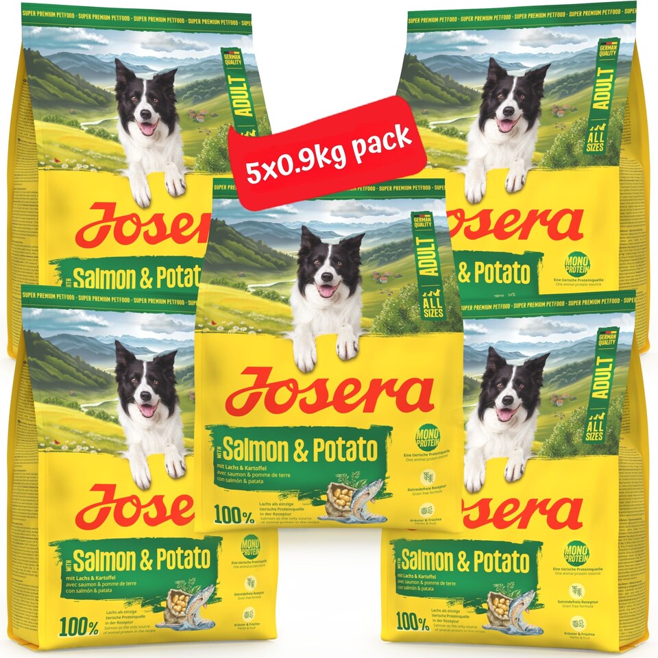 image 1 of Josera Adult Salmon & Potato grain-free complete food | Adult & Senior dogs | Single animal protein | Gluten free | Herbs & fruit | Skin & Coat | 5x0.9kg