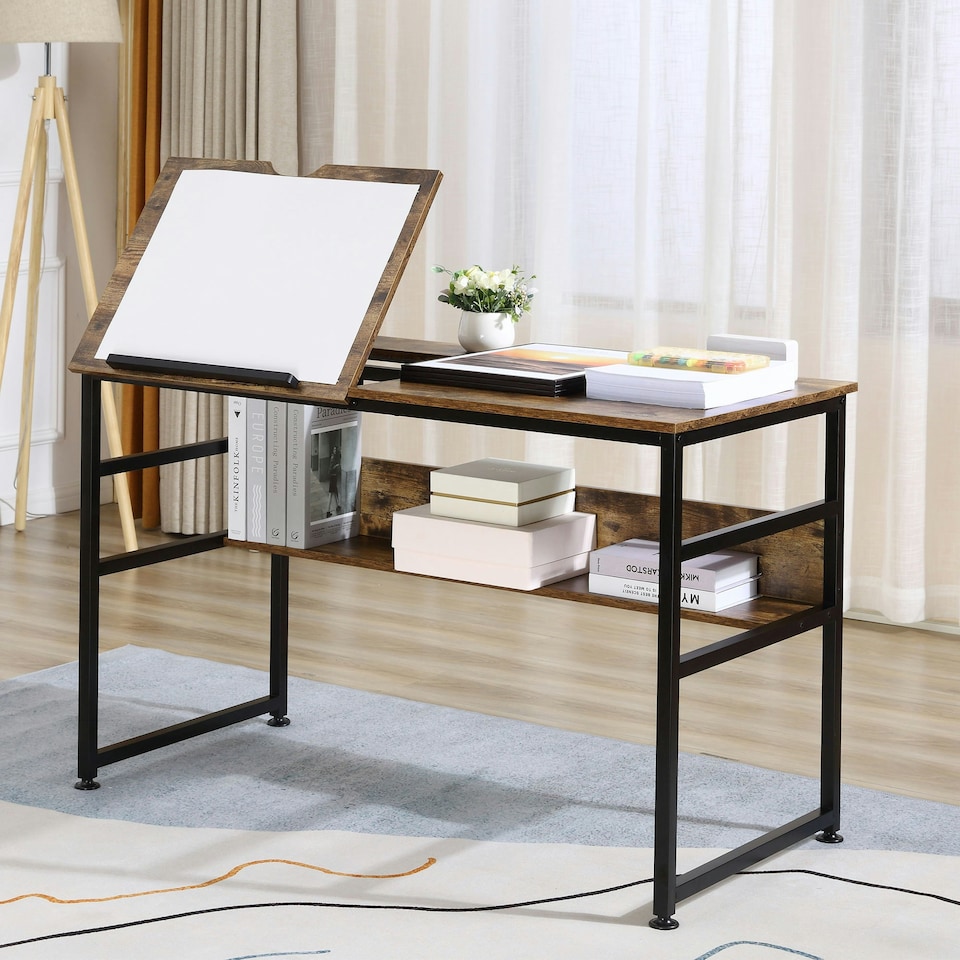 image 1 of HOMCOM Tiltable Drafting Table Home Office Computer Desk with Shelf