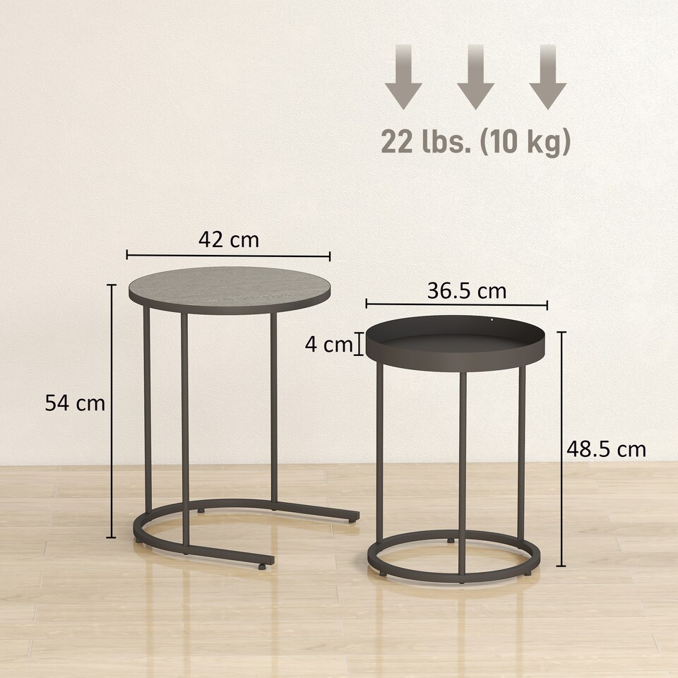 image 1 of HOMCOM Nesting Side Table Set of 2, Industrial Round Nest of Tables with Tray Tabletop and Metal Frame for Living Room, Bedroom, Home Office, Grey | Grey