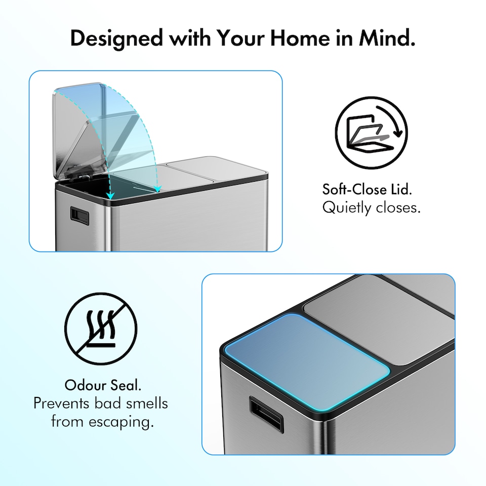 image 1 of 3 Compartment 45L Waste & Recycling Kitchen Bin (3 x 15L) | Silver | Stainless Steel | 45L