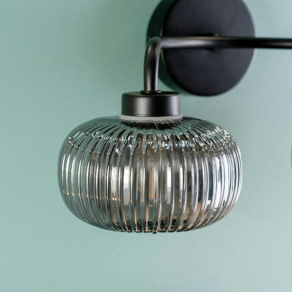 image 1 of ValueLights Amaia Pair Matte Black IP44 Rated 2 Way Smoked Glass Wall Lights with LED Bulbs