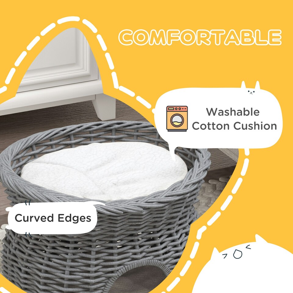 image 1 of PawHut 2-Tier Elevated Pet Cushion Bed Basket Willow Cat Tree House Condo Kennel