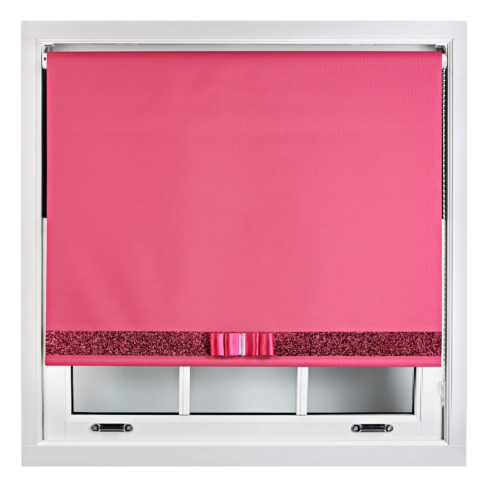 image 1 of FURNISHED Blackout Roller Blind with Fuchsia Glitter Trim and Fuchsia Bow Cut to Size | Pink | Fuchsia | (W) 240cm x (L) 165cm