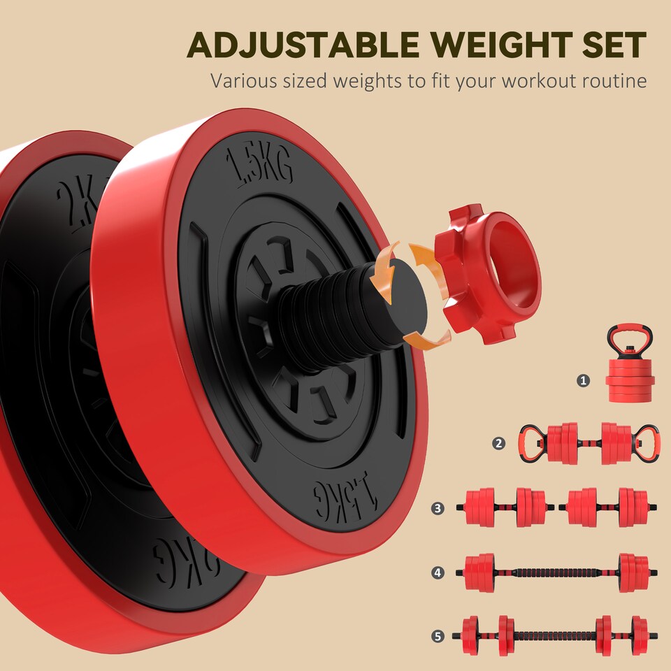 image 1 of SPORTNOW 4-in-1 Adjustable Weight Dumbbells Set, Used as Barbell, Kettlebell, Push up Stand, Free Weights Set for Men and Women Home Gym Training, 30KG, Red