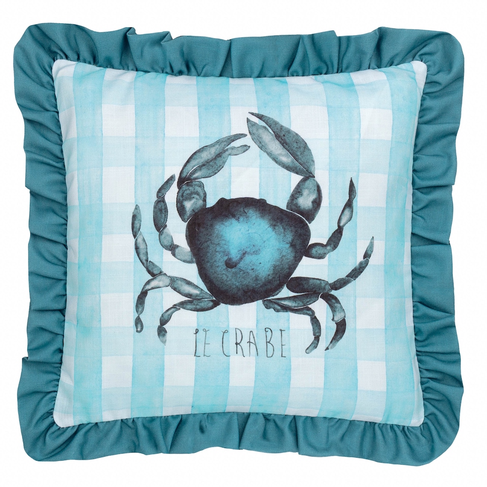 image 1 of Furn Gingham Crab Printed Ruffle Cushion, Blue, 43 x 43cm