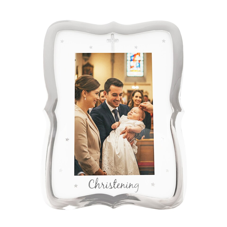 image 1 of Christening Picture Frame Nickel Plated with Diamante Cross and Stars