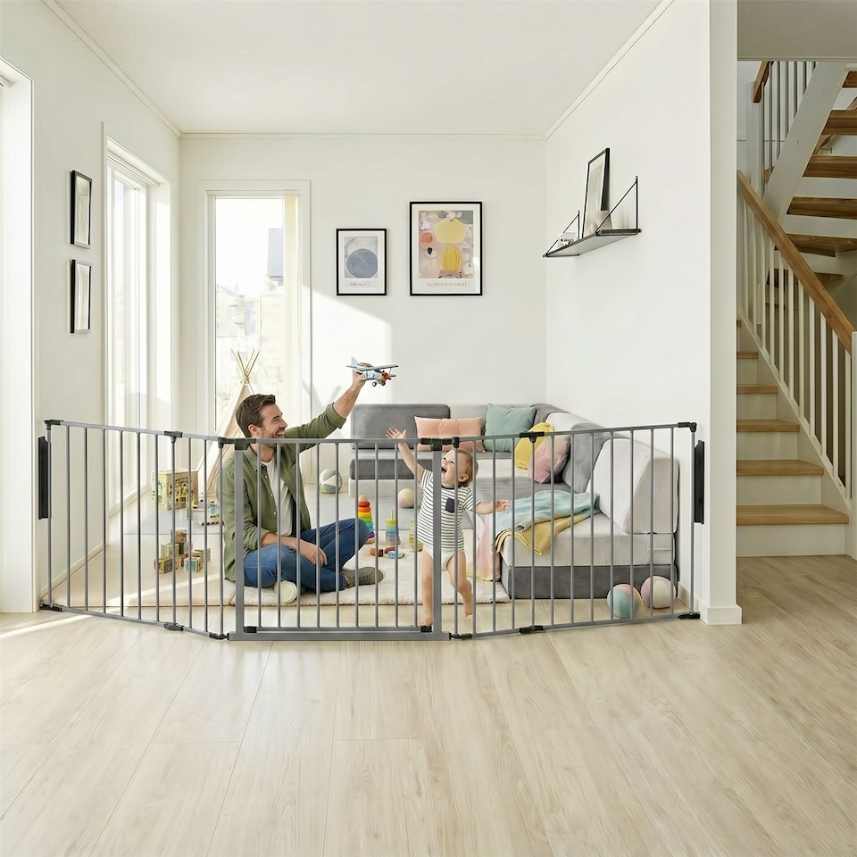 image 1 of Safetots Premium Multi Panel Room Divider, up to 226cm Wide, Grey, 70cm Tall, Flexible Barrier with Door for Baby and Toddler | Grey